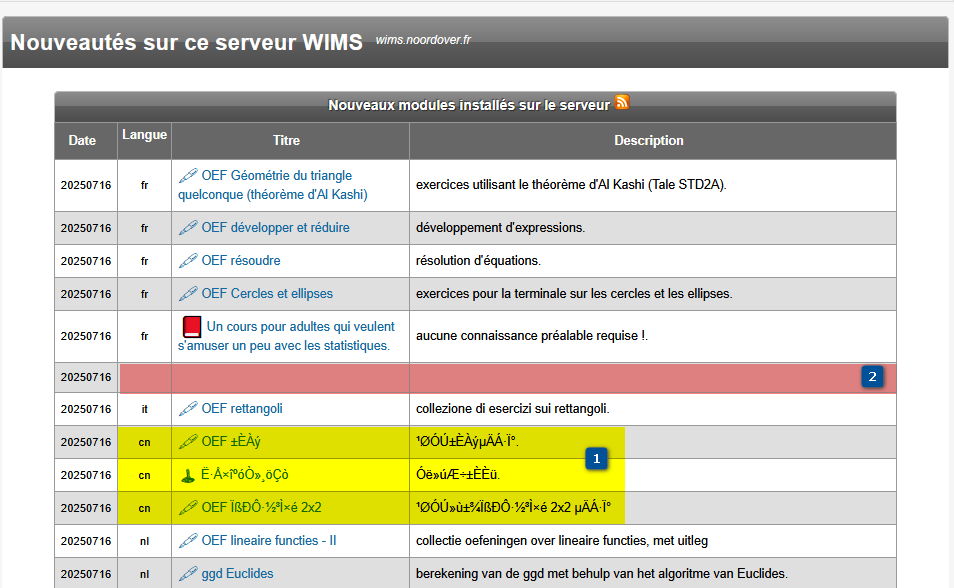 Copie d'écrant de nouveaux modules installés dans Wims